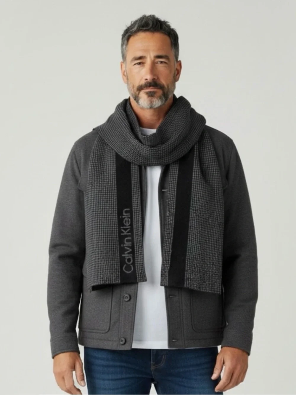 Calvin Klein Black Gray Logo Geometric Knit Scarf 100% Acrylic